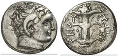 GREEK COINS ITALY CYRENAICA CYRENE Didrachm, about 300-280 B.C. AR 7.50 g. Head of Apollo Karneios r., with ram’s horn. Rev. KY-PA Silphium plant; in l. field, monogram; in r. field, crab r. BMC 55, 2