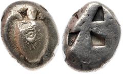 Ancient Coins Islands off Attica, Aegina. Silver Stater (11.96 g), ca. 525-475 BC Sea turtle. Reverse: Mill-sail pattern with four sunken segments. Meadows grp. II; Milbank pl. I, 11; HGC 6, 429. NGC 