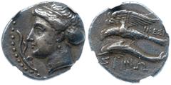 Ancient Coins Paphlagonia, Sinope. Silver Drachm (5.87 g), ca. 330-300 BC Ikesi(...), magistrate. Head of the nymph Sinope left, hair bound in a sakkos; before, aplustre. Reverse: ΣΙΝΩ /IKEΣ, sea-eagl