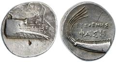 Ancient Coins Lycia, Phaselis. Silver Stater (10.36 g), ca. 250-221/0 BC Eusthenes, magistrate. Prow right; on deck, figure standing right, holding on to akrostolion. Reverse: ΦAΣΗ, Aphlaston left; ab