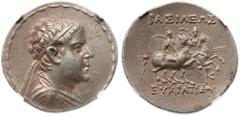 Ancient Coins Baktrian Kingdom. Eukratides I. Silver Tetradrachm (16.96 g), ca. 171-145 BC Diademed and draped bust of Eukratides I right. Reverse: ΒΑΣΙΛΕΩΣ above, ΕΥΚΡΑΤΙΔΟΥ in exergue, the Dioskouro