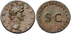 Ancient Coins Divus Augustus. Æ Sestertius (24.52 g), died AD 14 Rome, under Nerva, AD 96-98. DIVVS AVGVSTVS, laureate head of Augustus right. Reverse: IMP NERVA CAESAR AVGVSTVS REST, around large S C