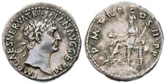 Ancient Coins Trajan. Silver Denarius (3.32 g), AD 98-117 Rome, AD 98/9. IMP CAES NERVA TRAIAN AVG GERM, laureate head of Trajan right. Reverse: P M TR P COS II P P, Vesta, veiled, seated left, holdin