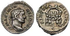 Ancient Coins Galerius. Silver Argenteus (3.95 g), as Caesar, AD 293-305 Treveri, AD 295-297. MAXIMIA-NVS NOB C, laureate head of Galerius right. Reverse: VIRTVS MILITVM, the four Tetrarchs sacrificin