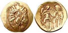 Ancient Coins Michael VIII Palaeologus. Gold Hyperpyron (4.24 g), 1261-1282 Constantinople. Half-length figure of the Virgin, orans, within city walls with six towers. Reverse: Michael kneeling slight