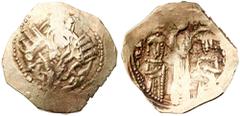 Ancient Coins Andronicus II and Michael IX. Gold Hyperpyron (3.84 g), 1295-1320 Constantinople. Half-length figure of the Virgin, orans, within city walls with four towers; across upper field, (MHP) -
