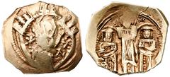 Ancient Coins Andronicus II and Michael IX. Gold Hyperpyron (3.93 g), 1295-1320 Constantinople. Half-length figure of the Virgin, orans, within city walls with four towers; across upper field, (MHP) -