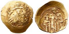 Ancient Coins Andronicus II and Michael IX. Gold Hyperpyron (4.03 g), 1295-1320 Constantinople. Half-length figure of the Virgin, orans, within city walls with four towers. Reverse: Christ standing fa