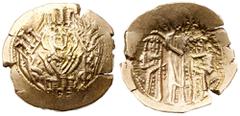 Ancient Coins Andronicus II and Andronicus III. Gold Hyperpyron (4.67 g), 1325-1334 Constantinople. Half-length figure of the Virgin, orans, within city walls with four towers. Reverse: Christ standin