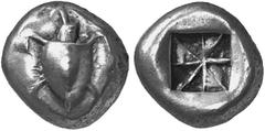 GREEK COINS AEGINA No.: 158 Estimation: $ 2500 Stater, about 579-550. AR 12.13 g. Turtle seen from above, row of pellets on shell. Rev. Incuse square, divided into eight triangles. Traité pl. 29, 6. S