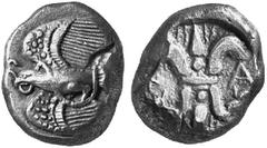GREEK COINS ELIS No.: 163 Estimation: $ 2000 OLYMPIA. Drachm, about 500-475. AR 5.90 g. Eagle flying l., holding in its beak and claw a snake entwined over the eagle's neck and tail. Rev. F-A Thunderb