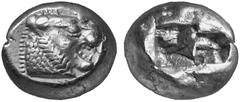 GREEK COINS LYDIA No.: 233 Estimation: $ 1500 KINGDOM OF LYDIA. Time before Croesus, about 650-561. Trite, electrum. EL 4.71 g. Lion's head r., sunburst on forehead. Rev. Two incuse squares of unequal