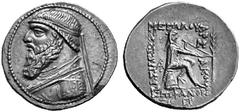 GREEK COINS ARSACID KINGDOM OF PARTHIA No.: 253 Estimation: $ 3800 MITHRADATES II, 123-88. Tetradrachm. AR 16.36 g. Diademed, draped and bearded bust l., wearing torques around neck. Rev. BASILEWS / M