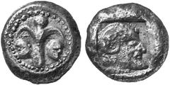 GREEK COINS CYRENAICA CYRENE No.: 276 Estimation: $  Tetradrachm, about 500-480. AR 16.72 g. Silphium plant with terminal umbel and two leaves, in field, two fruits; dotted border. Rev. Diademed, bear