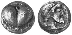GREEK COINS CYRENAICA CYRENE No.: 277 Estimation: $ 400 Hemidrachm, about 510-480. AR 1.86 g. Silphium fruit. Rev. Diademed, bearded head of Zeus Ammon r. with ram's horn. BMC 7, 26 and pl. 4, 22 (sam