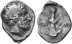 GREEK COINS CYRENAICA CYRENE No.: 278 Estimation: $ 3000 Tetradrachm, about 400-360. AR 13.21 g. Bearded head of Zeus Ammon r. with ram's horn, wearing laurel wreath with berries on forehead; in field