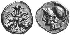GREEK COINS CYRENAICA CYRENE No.: 280 Estimation: $ 1200 Triobol, gold, about 332-322. AV 2.14 g. Three silphium plants arranged around central pellet, each with three umbels and one pair of leaves wi