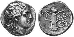 GREEK COINS CYRENAICA CYRENE No.: 289 Estimation: $ 850 Didrachm, about 300-277. AR 6.59 g. Head of Apollo Myrtous r., crowned with myrtle. Rev. KU-RA Silphium plant with five umbels and three pairs o