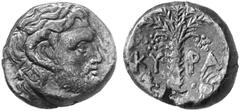 GREEK COINS CYRENAICA CYRENE No.: 291 Estimation: $ 160 Bronze, about 300-270. AE 5.75 g. Head of Zeus Ammon r. with ram's horn and short beard. Rev. KU-RA Palm-tree, in field l., silphium plant with 