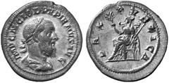 ROMAN COINS IMPERIAL COINAGE PUPIENUS, 238 No.: 392 Estimation: $ 300 Denarius. AR 2.92 g. IMP C M CLOD PVPIENVS AVG Laureate, draped and cuirassed bust r. Rev. PAX -PVBLICA Pax enthroned l., holding 