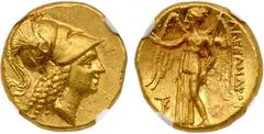 Ancient & World Coins Macedonian Kingdom. Alexander III-Philip III ca. 325-320 BC. Gold Stater (8.60 g), Kition mint. In the name of Alexander III. Tall, narrow head of Athena right with plaited hair,