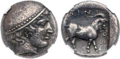 Ancient & World Coins Thrace. Ainos. Silver Tetradrachm (15.65 g), ca. 412/1-410/9 BC. Head of Hermes right, wearing petasos with a pelleted rim. Reverse: Goat standing right, AINI above, kerykeion be