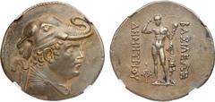 Ancient & World Coins Baktrian Kingdom. Demetrios I Aniketos (ca. 200-185 BC). Silver Tetradrachm (16.72 g). Attic standard. Diademed and draped bust right, wearing an elephant's skin headdress. Rever