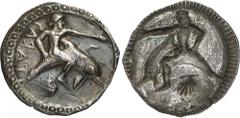 The Prospero Collection of Ancient Greek Coins. ITALY. Calabria , Tarentum (c.510-500 B.C.), Silver Incuse Stater, 7.86g,. TARAS (retrograde), Phalanthos seated astride dolphin to right, his left arm 