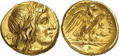 The Prospero Collection of Ancient Greek Coins. ITALY. Calabria , Tarentum (c.280 B.C.), Gold Quarter Stater, 2.14g,. Head of Apollo facing to right, wearing a laurel-wreath. Rev. TAPANTI-NΩN , eagle 