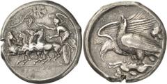 The Prospero Collection of Ancient Greek Coins. SICILY. Akragas (c.409 B.C.), Silver Tetradrachm, 17.07g,. [A]KPAΓANT[INON] (in the exergue), Nike driving a galloping quadriga to left, holding a kentr