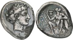 The Prospero Collection of Ancient Greek Coins. SICILY. Naxos (c.410-405 B.C.), Silver Tetradrachm, 16.75g,. Head of youthful Dionysos facing to right, wearing an ivy-wreath in his hair. Rev. Naked an
