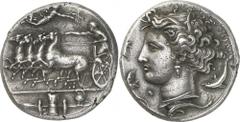 The Prospero Collection of Ancient Greek Coins. SICILY. Syracuse , Dionysios I (c.405-367 B.C.), Silver Dekadrachm, 43.26g,. Unsigned but by Euainetos, c.400-390 B.C. Charioteer, wearing a long chiton