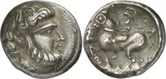 The Prospero Collection of Ancient Greek Coins. DANUBIAN DISTRICT. Eastern Celts, Bough-Rider Type (third to second century B.C.), Silver Tetradrachm, 14.06g,. Celticized head of Zeus facing to right,