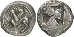 The Prospero Collection of Ancient Greek Coins. THRACO-MACEDONIAN TRIBES. T hraco-Macedonian Region, Uncertain Mint (c.520-480 B.C.), Silver Tetradrachm, 14.19g. Sphinx springing to left. Rev. Irregul