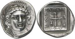 The Prospero Collection of Ancient Greek Coins. MACEDON. Amphipolis (366/5 B.C.), Silver Tetradrachm., 14.21g,. Head of Apollo facing, slightly inclined to right, wearing a laurel-wreath. Rev. AMΦ-IΠO