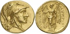 The Prospero Collection of Ancient Greek Coins. KINGDOM OF MACEDON. Antigonos Gonatas (277-239 B.C.), Gold S tater, 8.59g,. Mint of Pella, struck c.272 B.C. Head of Athena facing to right, wearing a c