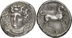 The Prospero Collection of Ancient Greek Coins. THESSALY. Larissa (c.356-342 B.C.), Silver Stater, 11.90g,. Head of the nymph Larissa facing, inclined slightly to left, wearing an ampyx, a pendant ear
