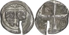 The Prospero Collection of Ancient Greek Coins. PHOKIS. Delphi (c.485-475 B.C.), Silver Tridrachm, 18.36g. ΔAΛΦI-KON , two rhytons, in the form of ram’s heads, side by side, downwards, two dolphins le