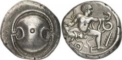 The Prospero Collection of Ancient Greek Coins. BOEOTIA. Thebes (c.425-395 B.C.), Silver Stater, 11.80g. Boeotian shield. Rev. Θ-E , the infant Herakles seated facing, his head turned to right, strang