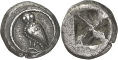 The Prospero Collection of Ancient Greek Coins. ATTICA. Athens (c.545-515 B.C.), Silver Didrachm, 8.29g. Owl standing to left, its head facing, its feathers indicated by pellets, within a circular bor