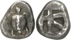 The Prospero Collection of Ancient Greek Coins. AIGINA. Islands off Attica, Aigina (c.480-457 B.C.), Silver Obol, 1.02g. Sea-turtle, with row of dots on its shell. Rev. Incuse square divided into five