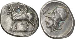 The Prospero Collection of Ancient Greek Coins. CORINTHIA. Corinth (c.400-375 B.C.), Silver Stater, 8.60g,. Pegasos, with curved wing, standing to left, koppa below. Rev. Head of Athena facing to left