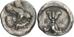 The Prospero Collection of Ancient Greek Coins. THE PELOPONNESE. Elis, Olympia (c.440s B.C.), Silver Stater, 12.20g,. Eagle flying to right, with its wings spread above its body, grasping a hare by th