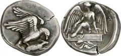 The Prospero Collection of Ancient Greek Coins. THE PELOPONNESE. Elis , Olympia (c.432 B.C.), Silver Stater, 12.10g,. The 87th Olympiad. Eagle flying to right, with its wings spread above its body, gr