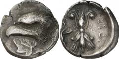 The Prospero Collection of Ancient Greek Coins. THE PELOPONNESE. Elis , Olympia (408 B.C.), Silver Stater, 11.91g,. The 93rd Olympiad, unsigned but by Da.... Eagle’s head facing to left, a large white