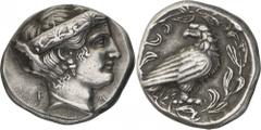 The Prospero Collection of Ancient Greek Coins. THE PELOPONNESE. Elis, Olympia (376 B.C.), Silver Stater, 12.17g,. 101st Olympiad. F-A , head of Hera facing to right, wearing a stephane ornamented wit
