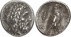 The Prospero Collection of Ancient Greek Coins. THE PELOPONNESE. Elis, Olympia (c.280-260 B.C.), Silver Stater, 11.70g,. Head of Zeus facing to right, wearing a laurel-wreath. Rev. F-A / A-P[I] , eagl