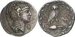 The Prospero Collection of Ancient Greek Coins. CRETE. Gortyna (c.85 B.C.), Silver Tetradrachm, 15.82g,. Head of Athena Parthenos facing to right, wearing a triple-crested Attic helmet decorated with 