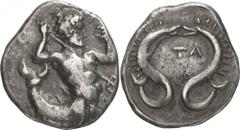 The Prospero Collection of Ancient Greek Coins. CRETE. Itanos (c.350 B.C.), Silver Stater, 11.28g,. Bearded marine deity (Glaukos?), with the upper body of a man and the lower body of a fish, facing a