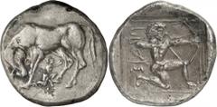 The Prospero Collection of Ancient Greek Coins. CRETE. Praisos (c.450-400 B.C.), Silver Stater, 11.68g,. Cow (or mare?) standing to left, its head turned back to face towards an infant (Zeus?) kneelin